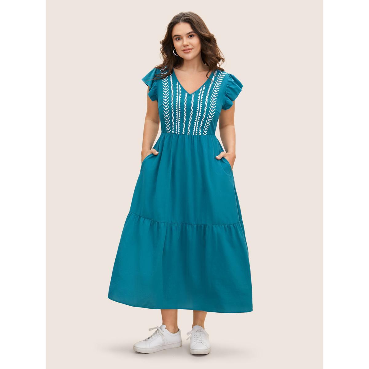 Plus Size Cotton Bandana Geometric Ruffle Cap Sleeve Midi Dress Cerulean Women Casual Ruffles V-neck Cap Sleeve Curvy BloomChic 18-20/2X Product Image