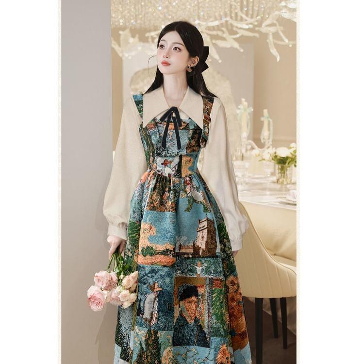 Balloon Sleeve Mock Neck Plain Ribbed Sweater / Long Sleeve Collared Bow Blouse / Patterned Print Maxi A-Line Overall Dress / Set Product Image