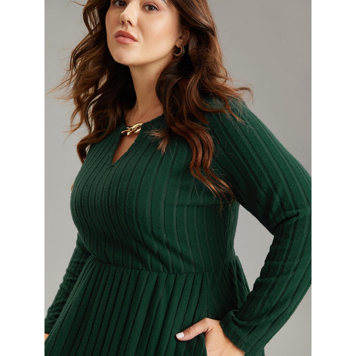Plus Size Rib Knit Plain Notched Pocket Dress DarkGreen Women Work From Home Rib Knit Notched collar Long Sleeve Curvy Midi Dress BloomChic 10/M Product Image