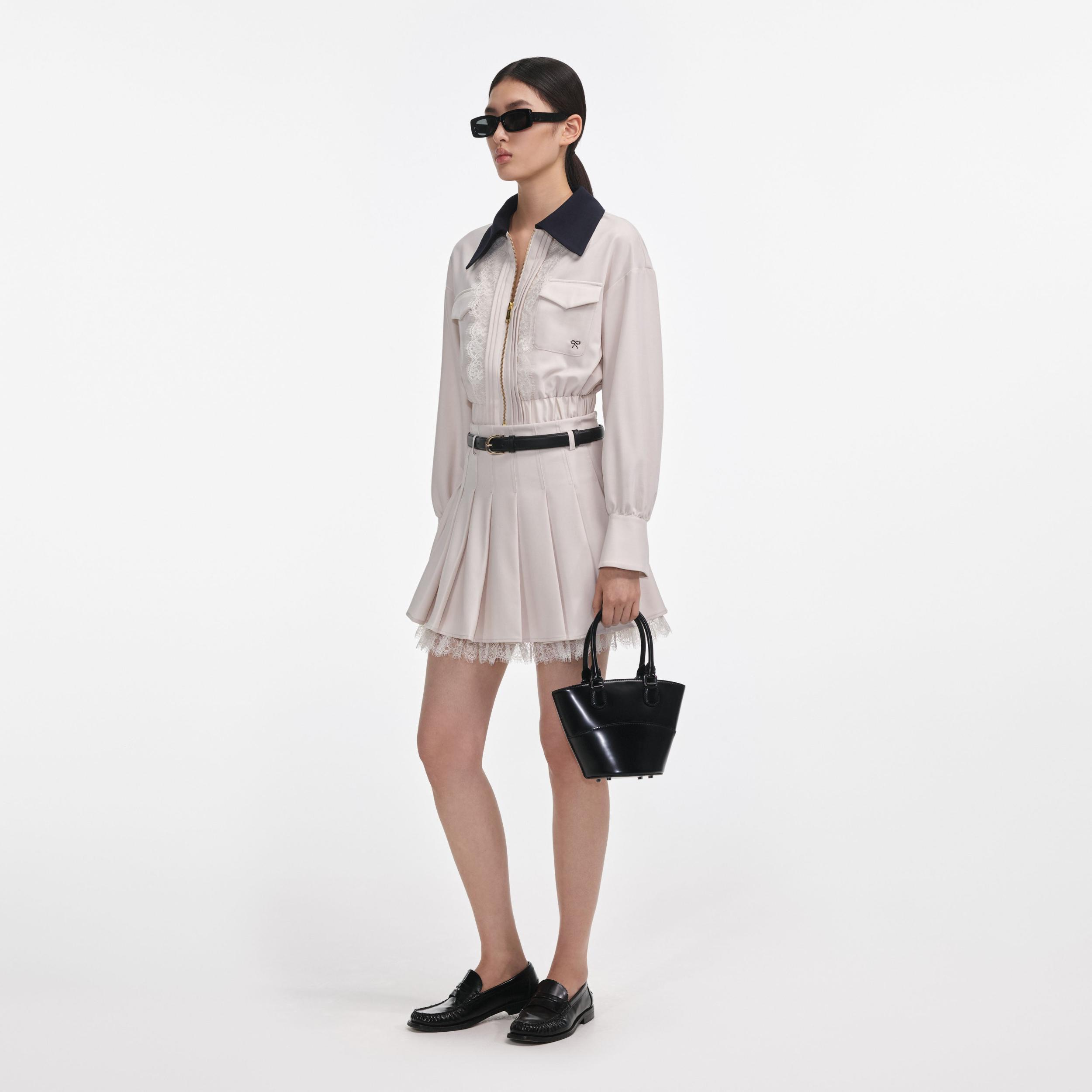 Cream Twill Pleated Mini Skirt Product Image
