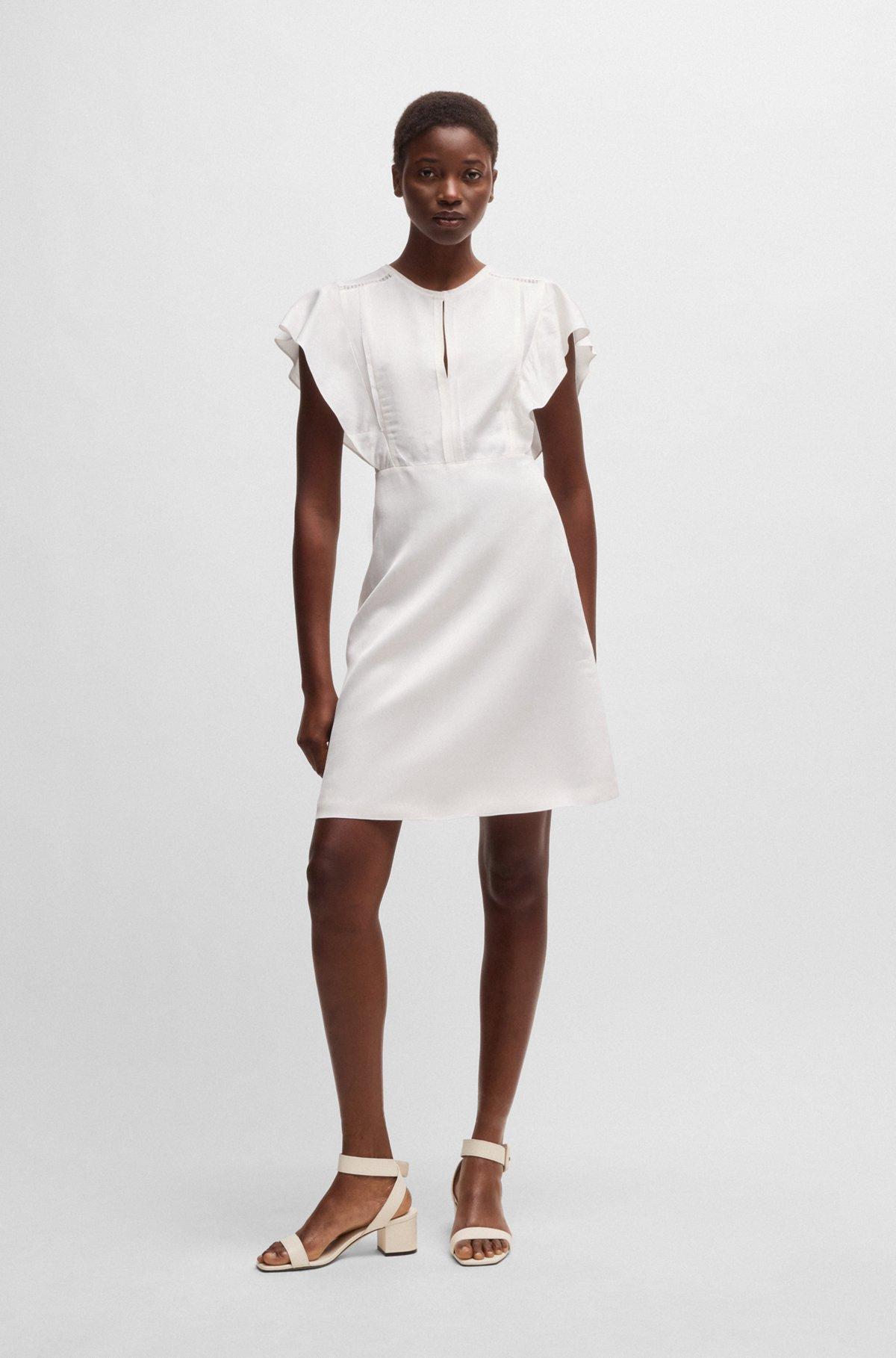 BOSS - Keyhole-neckline dress with frilled sleeves - White Product Image