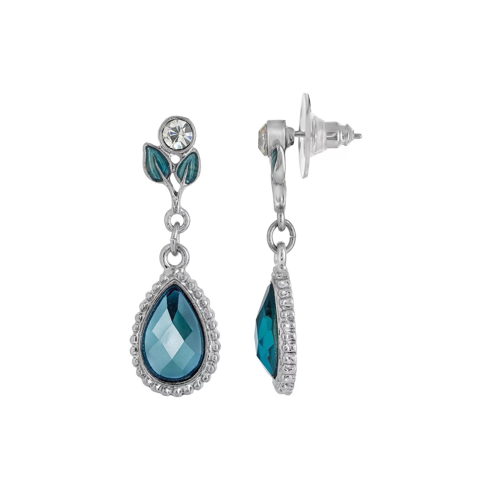 1928 Silver Tone Blue Leaf Teardrop Earrings, Womens Product Image