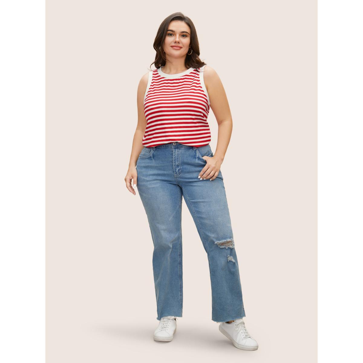 Plus Size Round Neck Striped Pit Strip Tank Top Women Brightred Casual Texture Round Neck Everyday Tank Tops Camis BloomChic 22-24/3X Product Image