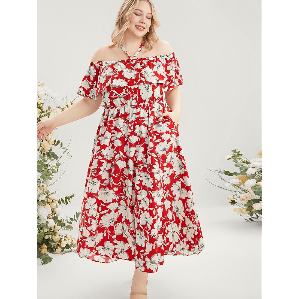 Plus Size Floral Print Pocket Ruffles Trim Split Halter Maxi Dress Scarlet Women Elegant Elastic Waist Halter neck Short sleeve Curvy Long Dress BloomChic 10/M Product Image