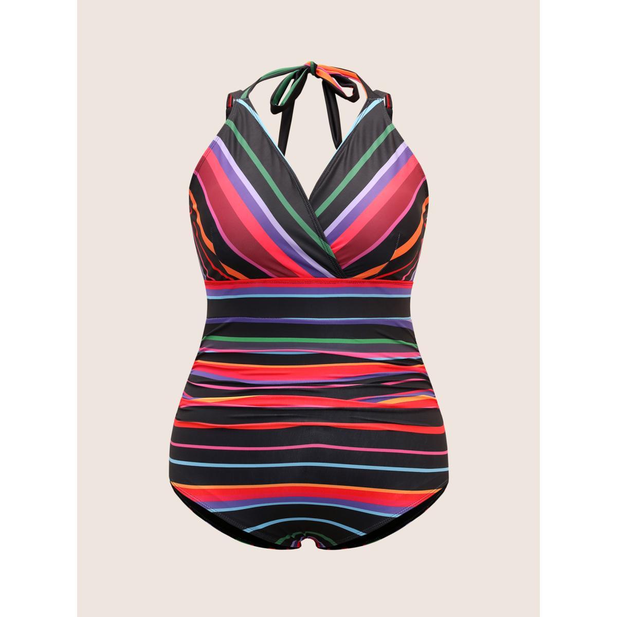 Plus Size Contrast Striped Tie Knot One Piece Swimsuit Women's Swimwear Multicolor Beach Tie knot Curve Bathing Suits High stretch One Pieces BloomChic 26/4X Product Image