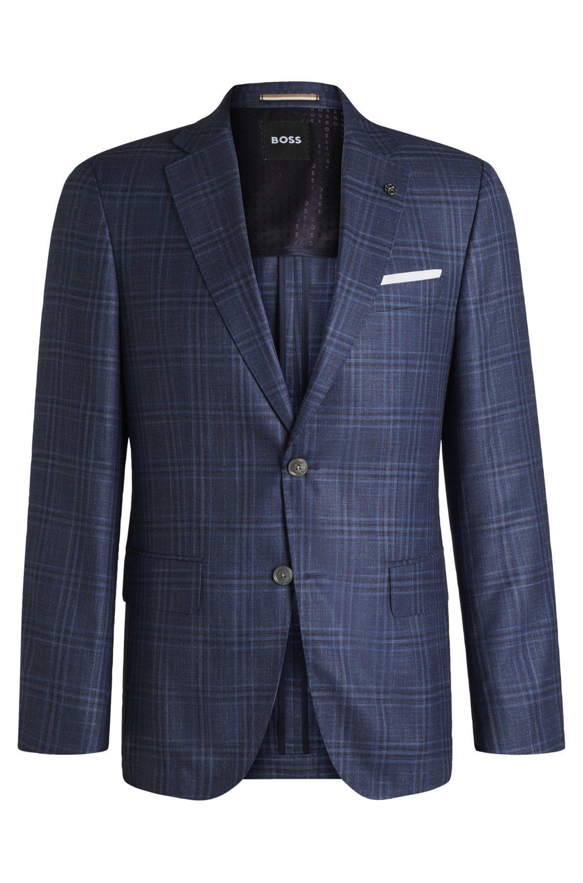 Slim-fit blazer in checked virgin wool, silk and linen Product Image
