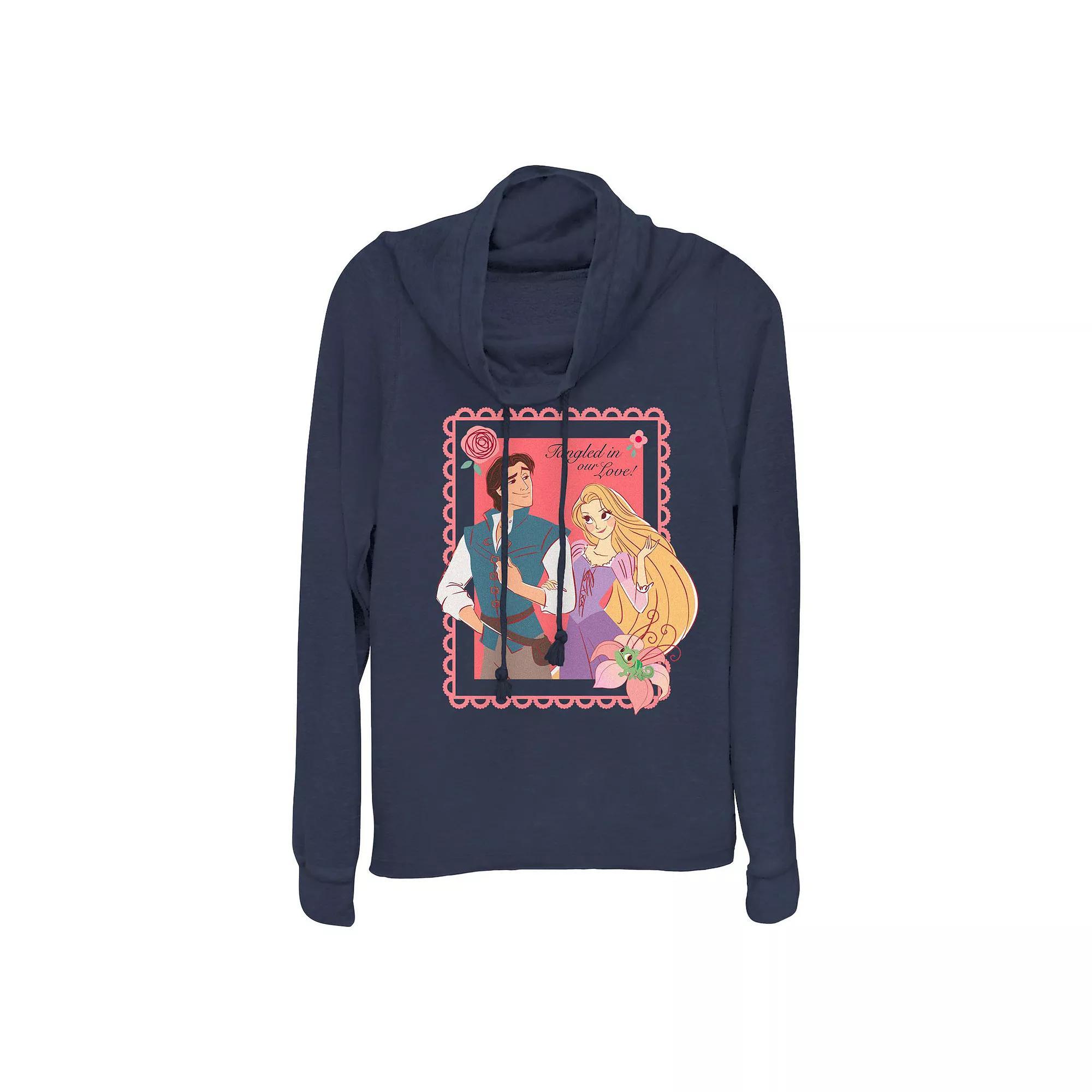 Disneys Tangled Flynn And Rapunzel Tangled In Love Womens Cowlneck Graphic Lightweight Long Sleeve Blue Product Image
