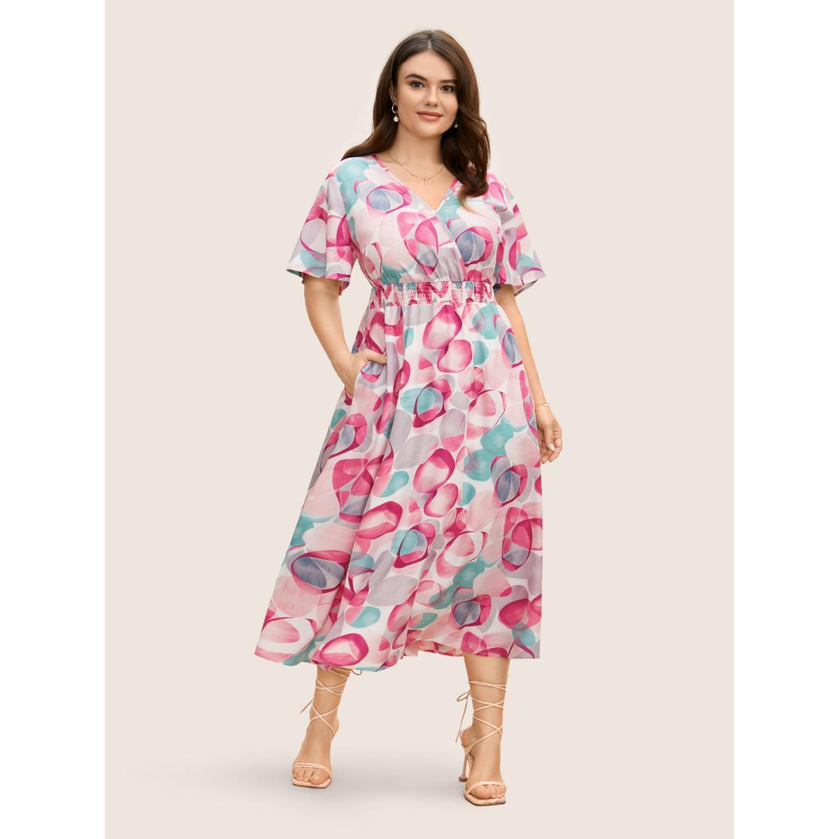 Plus Size Asymmetrical Colorblock Overlap Collar Midi Dress Multicolor Women Elegant Shirred Overlap Collar Short sleeve Curvy BloomChic 12/L Product Image