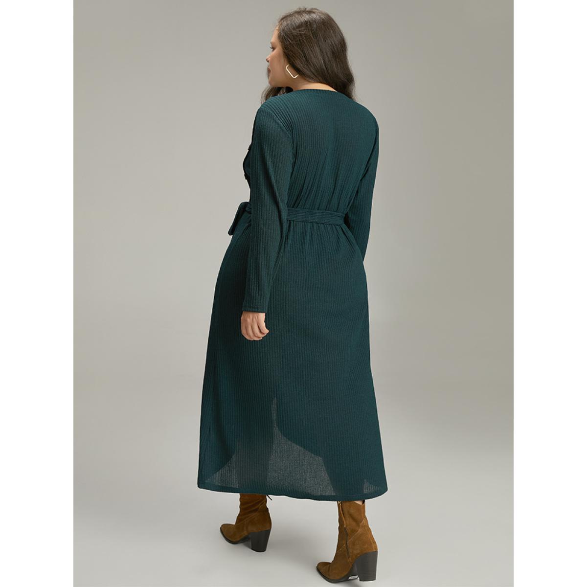 Plus Size Rib Knit Button Detail Belted Wrap Hem Dress Cyan Women Casual Texture V-neck Long Sleeve Curvy Midi Dress BloomChic 28/5X Product Image