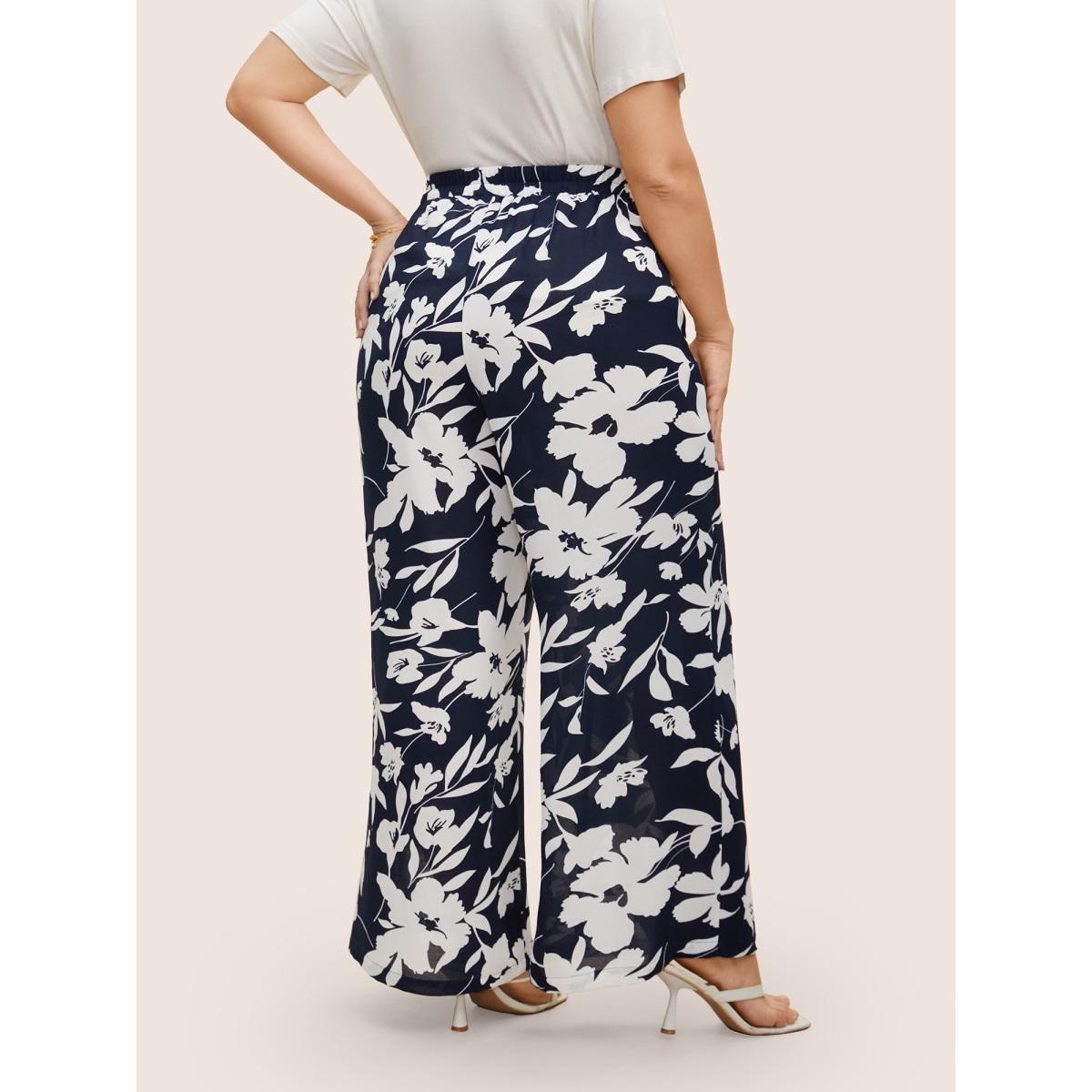 Plus Size Silhouette Floral Print Ties Side Seam Pocket Pants Women Indigo Elegant Wide Leg High Rise Everyday Pants BloomChic 30/6X Product Image