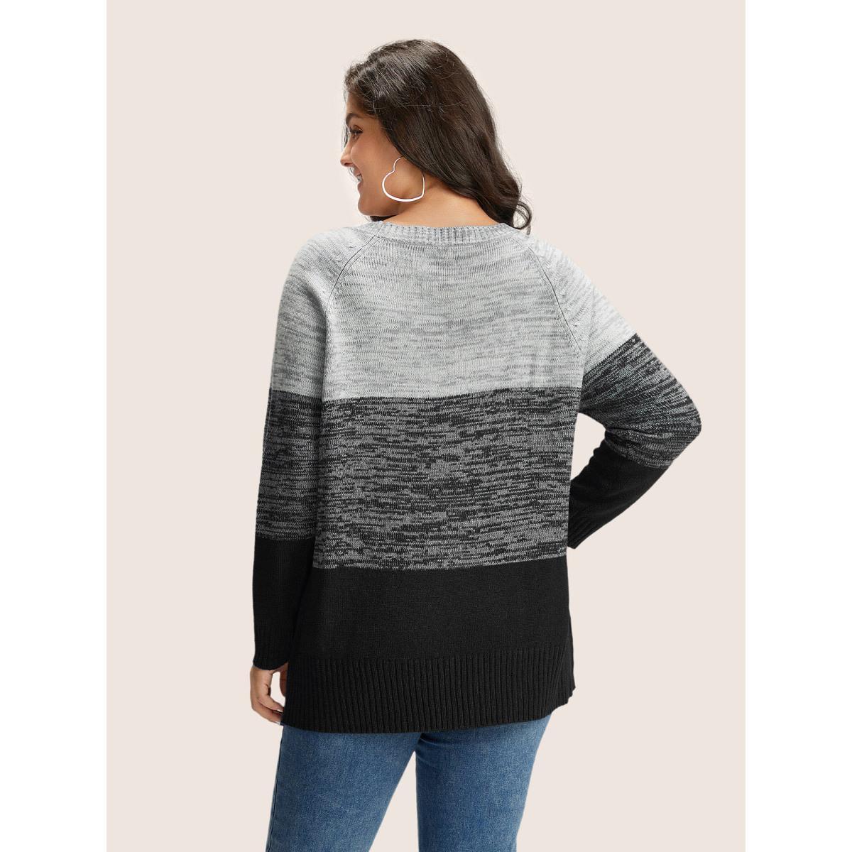 Plus Size Colorblock Contrast Heather Button Detail Pullover Black Women Casual Long Sleeve Round Neck Everyday Pullovers BloomChic 22-24/3X Product Image