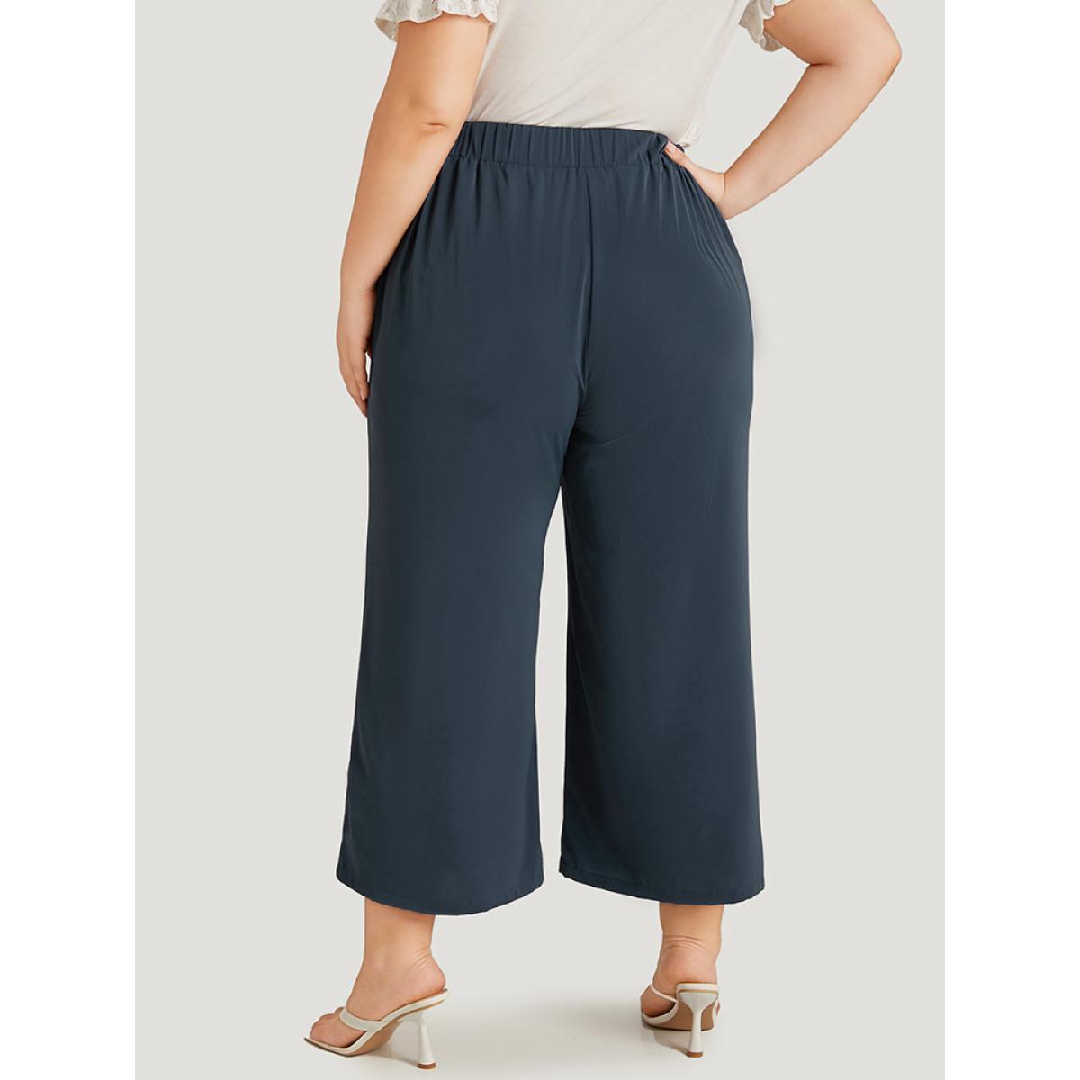 Plus Size Solid Buckle Detail Pocket Straight Leg Pants Women Indigo Elegant Straight Leg High Rise Dailywear Pants BloomChic 18-20/2X Product Image