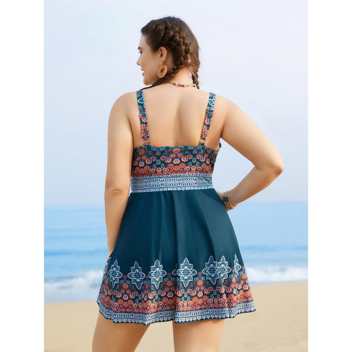 Plus Size Boho Print Surplice Neck Adjustable Swim Dress Women's Swimwear Cyan Beach Bodycon Overlap Collar High stretch Curve Swim Dresses BloomChic 30/6X Product Image