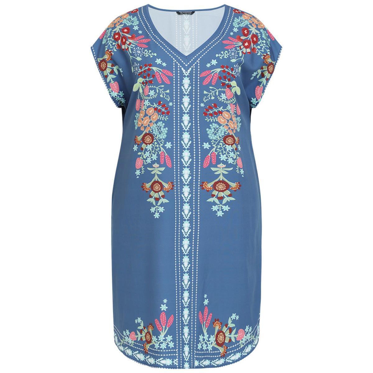 Plus Size Boho Print Pocket Dolman Sleeve Dress Aegean Women Vacation Pocket V-neck Short sleeve Curvy Knee Dress BloomChic 14-16/1X Product Image