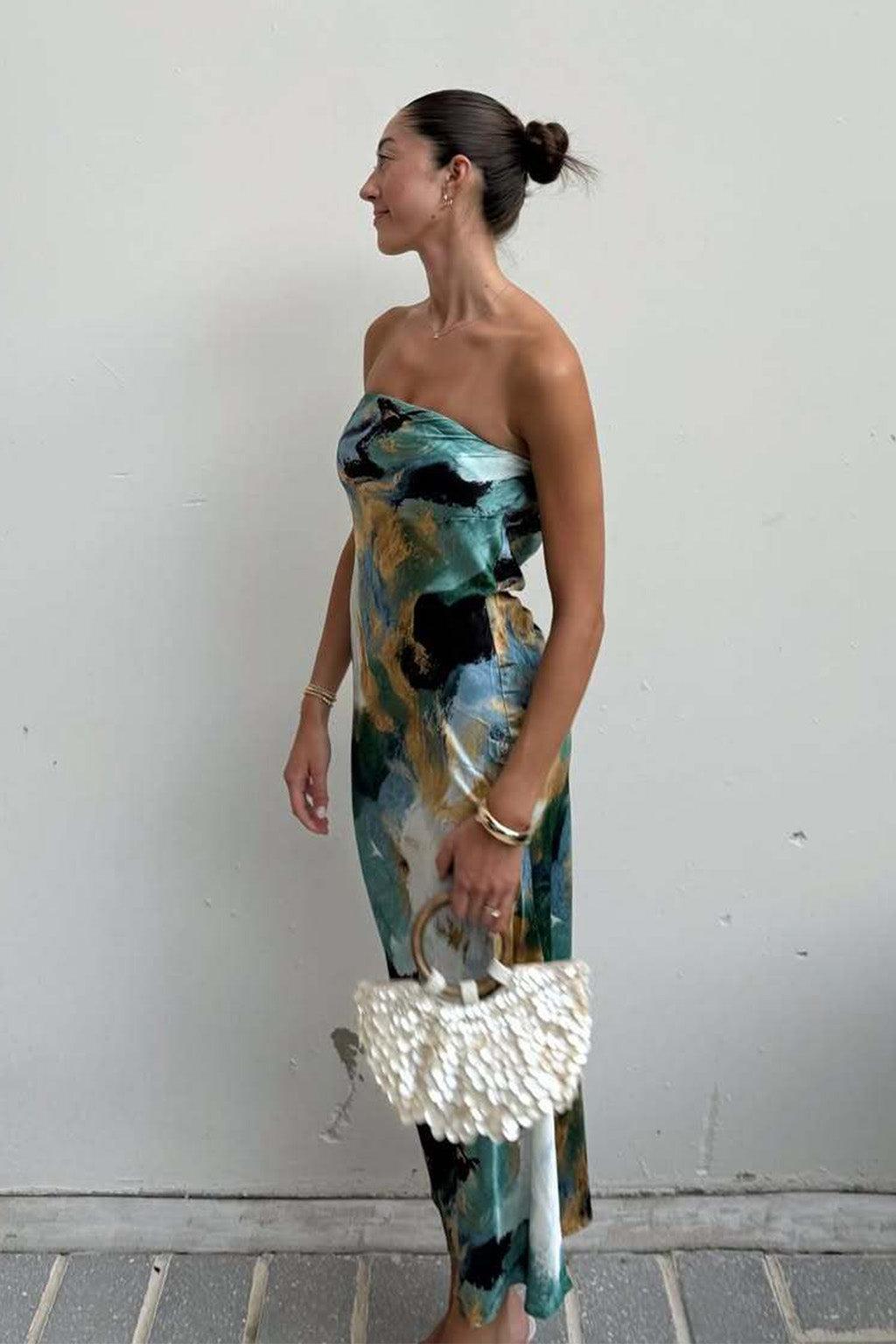 Natalia Blue and Gold Watercolor Strapless Maxi Dress Product Image