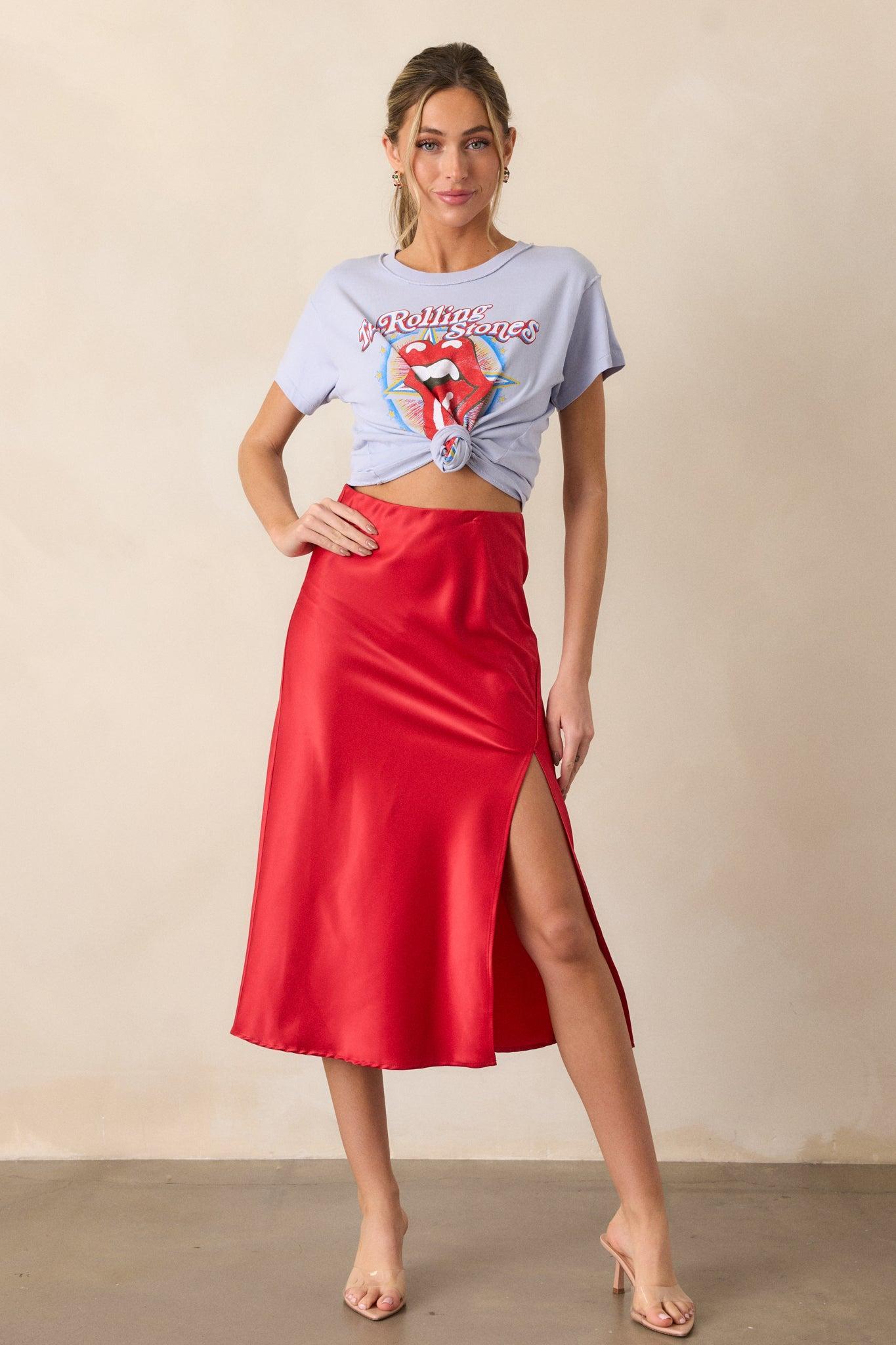 Park Avenue Glam Red Satin Midi Skirt Product Image