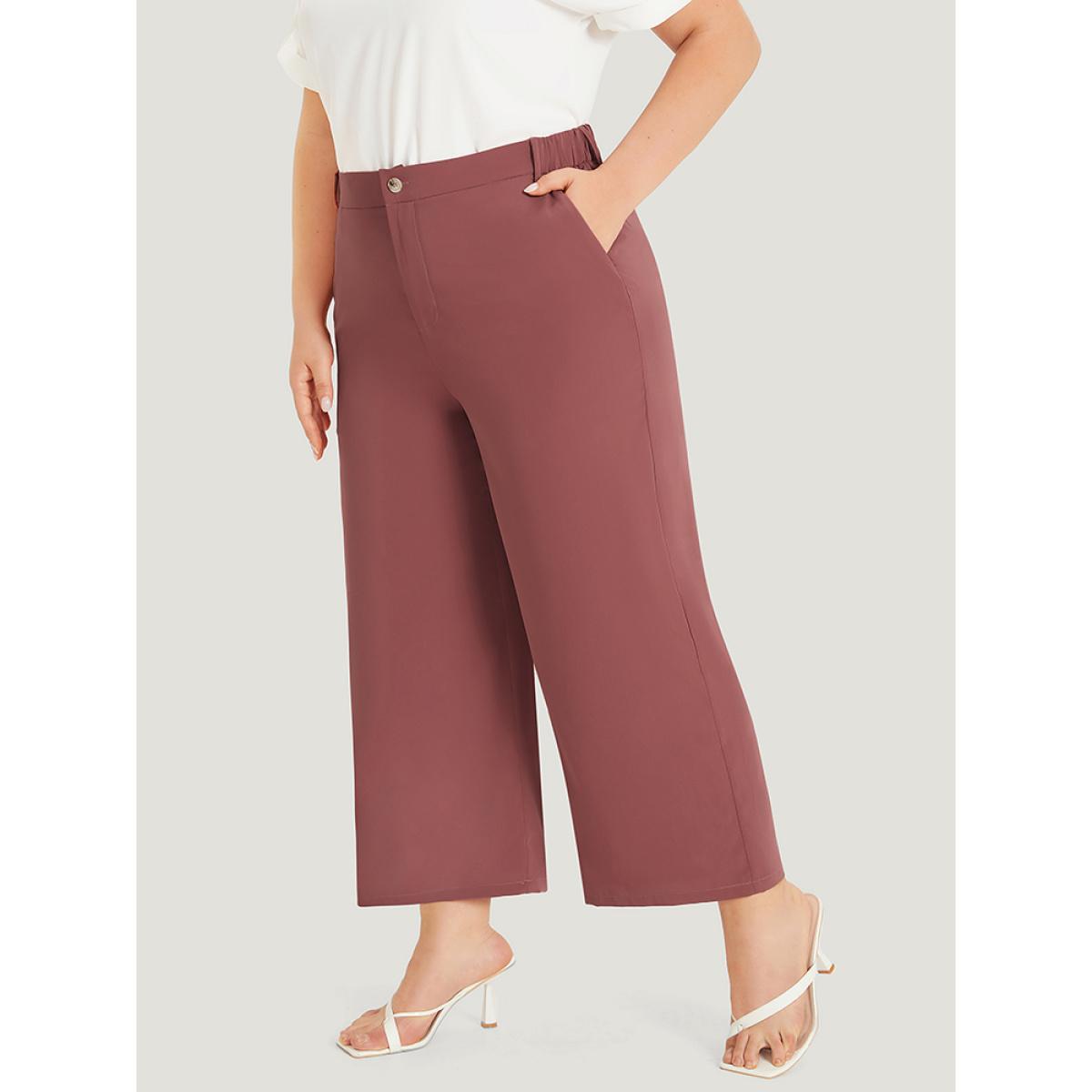 Plus Size Solid Pocket Elastic Waist Straight Leg Pants Women DustyPink Office Straight Leg High Rise Work Pants BloomChic 18-20/2X Product Image