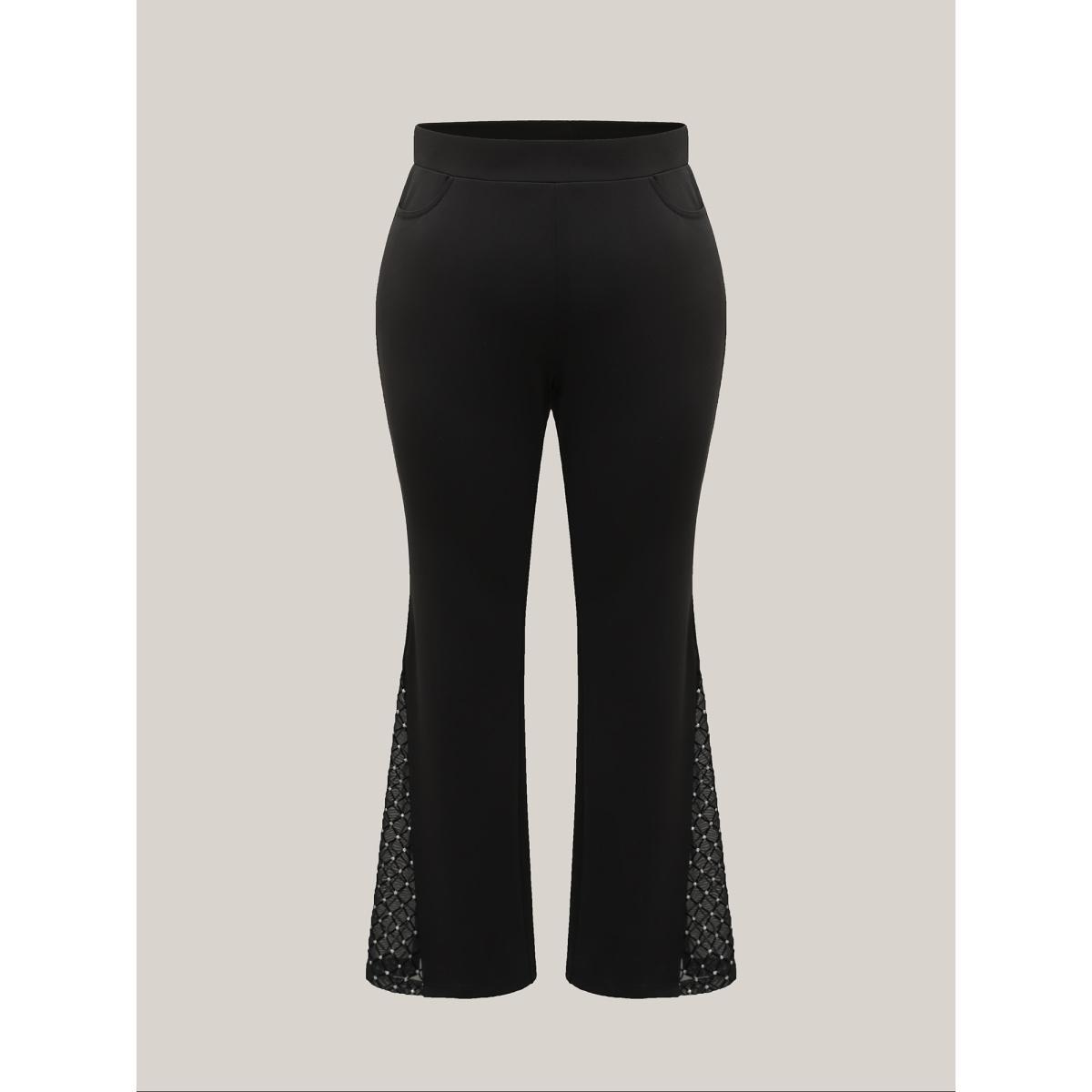 Plus Size Mesh Spliced Mid Rise Flared Pants Women Black Elegant Bootcut Mid Rise Everyday Pants BloomChic 22-24/3X Product Image