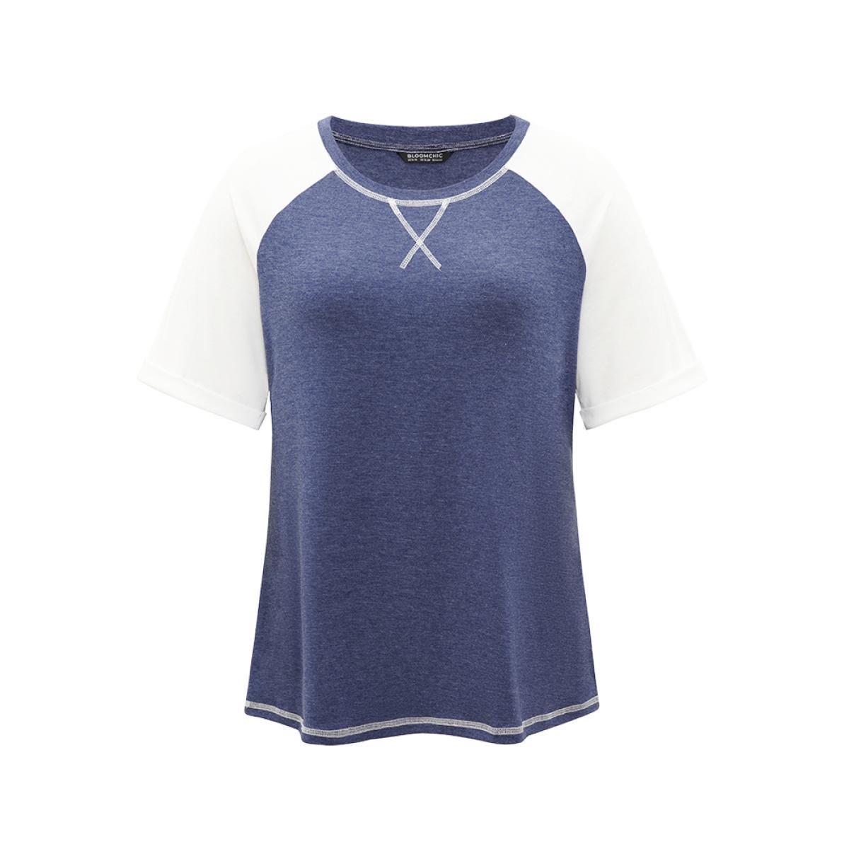Plus Size Supersoft Essentials Two Tone Stitch Roll Raglan Sleeve T-shirt DarkBlue Women Casual Contrast Colorblock Round Neck Dailywear T-shirts BloomChic 26/4X Product Image
