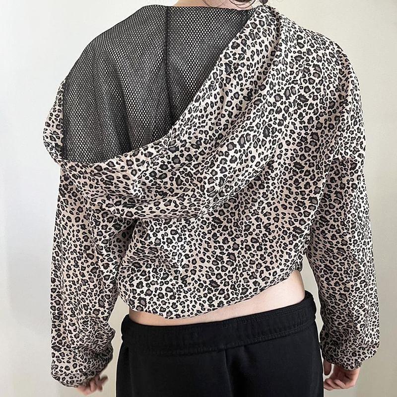 Long Sleeve Leopard Print Zip-Up Hooded Jacket Product Image
