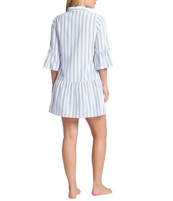 Tommy Bahama Bonita Stripe Print Point Collar Bell Sleeve Button Front Shirt Dress Swim Cover-Up Product Image