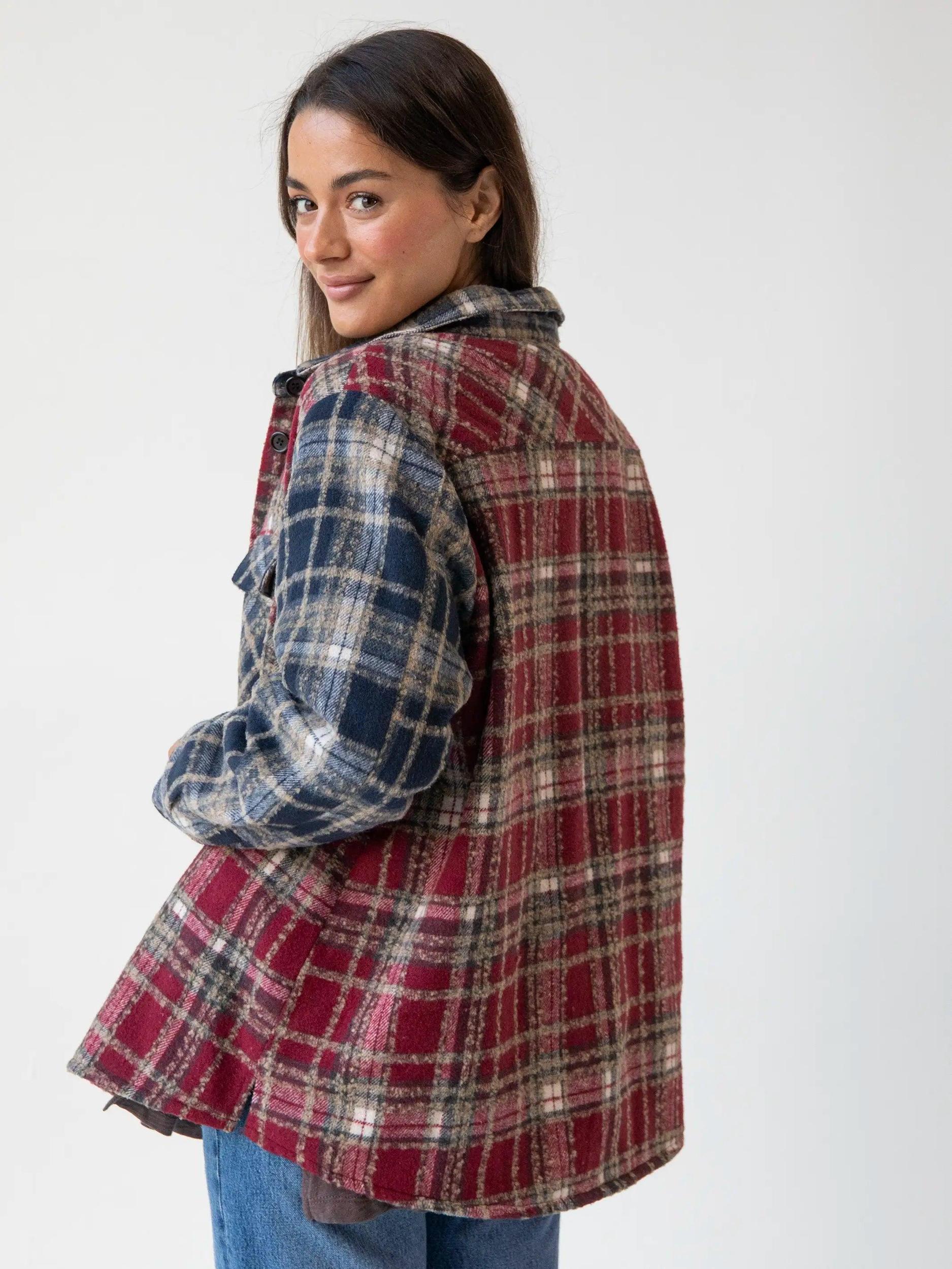 Warm & Cozy Shacket - Cranberry Navy Mixed Plaid Product Image