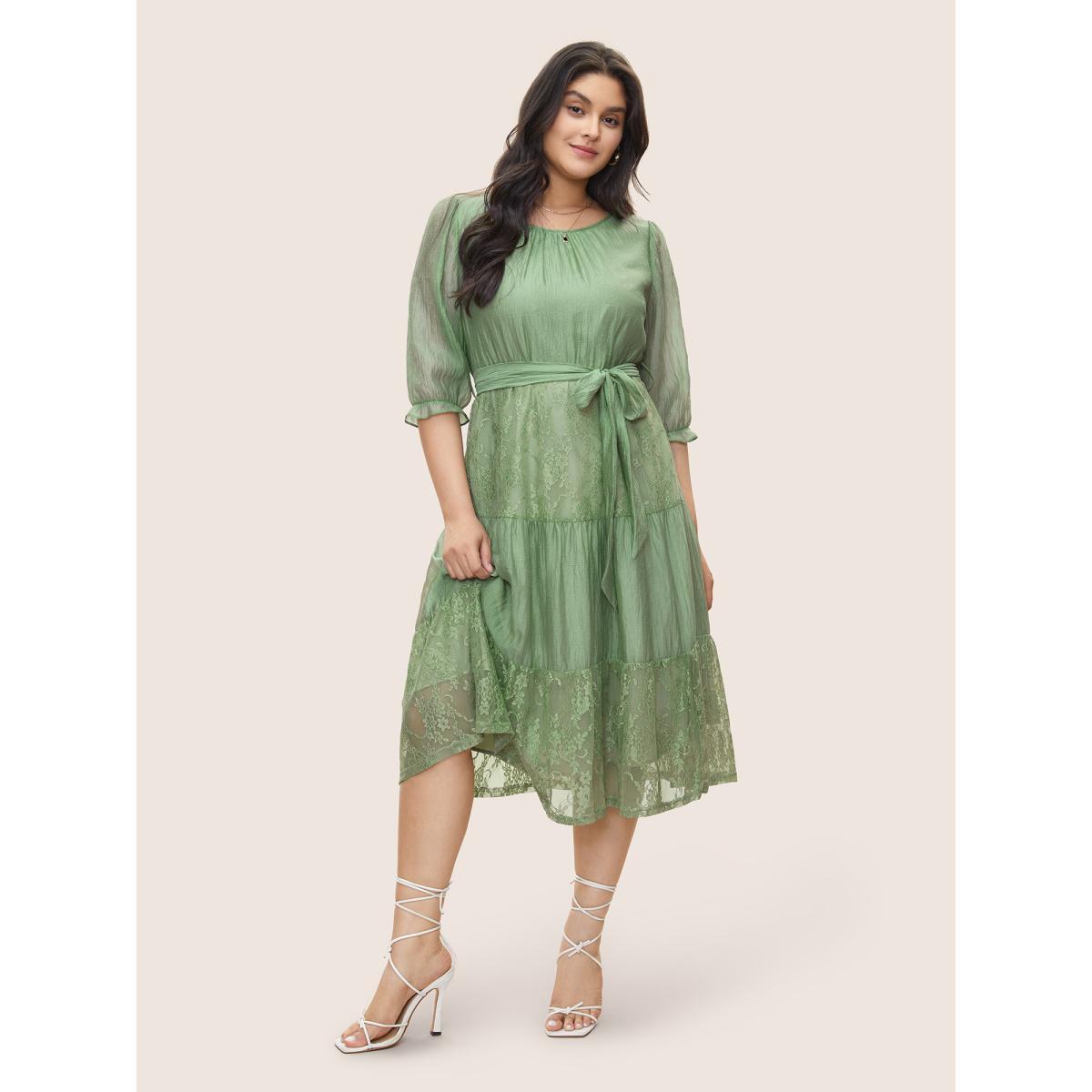 Plus Size Tiered Lace Patchwork Belted Gathered Dress Sage Women Elegant Non Round Neck Elbow-length sleeve Curvy Midi Dress BloomChic 26/4X Product Image