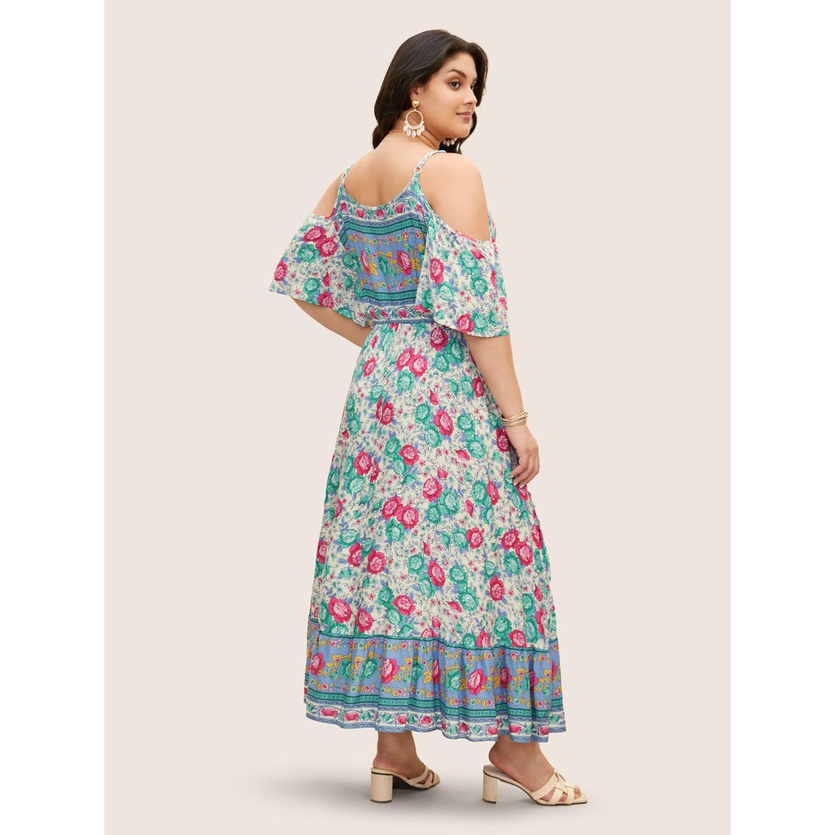 Plus Size Floral Print Pocket Keyhole Ruffles Cold Shoulder Maxi Dress Bluepurple Women Resort Non Non Half Sleeve Curvy Long Dress BloomChic 26/4X Product Image