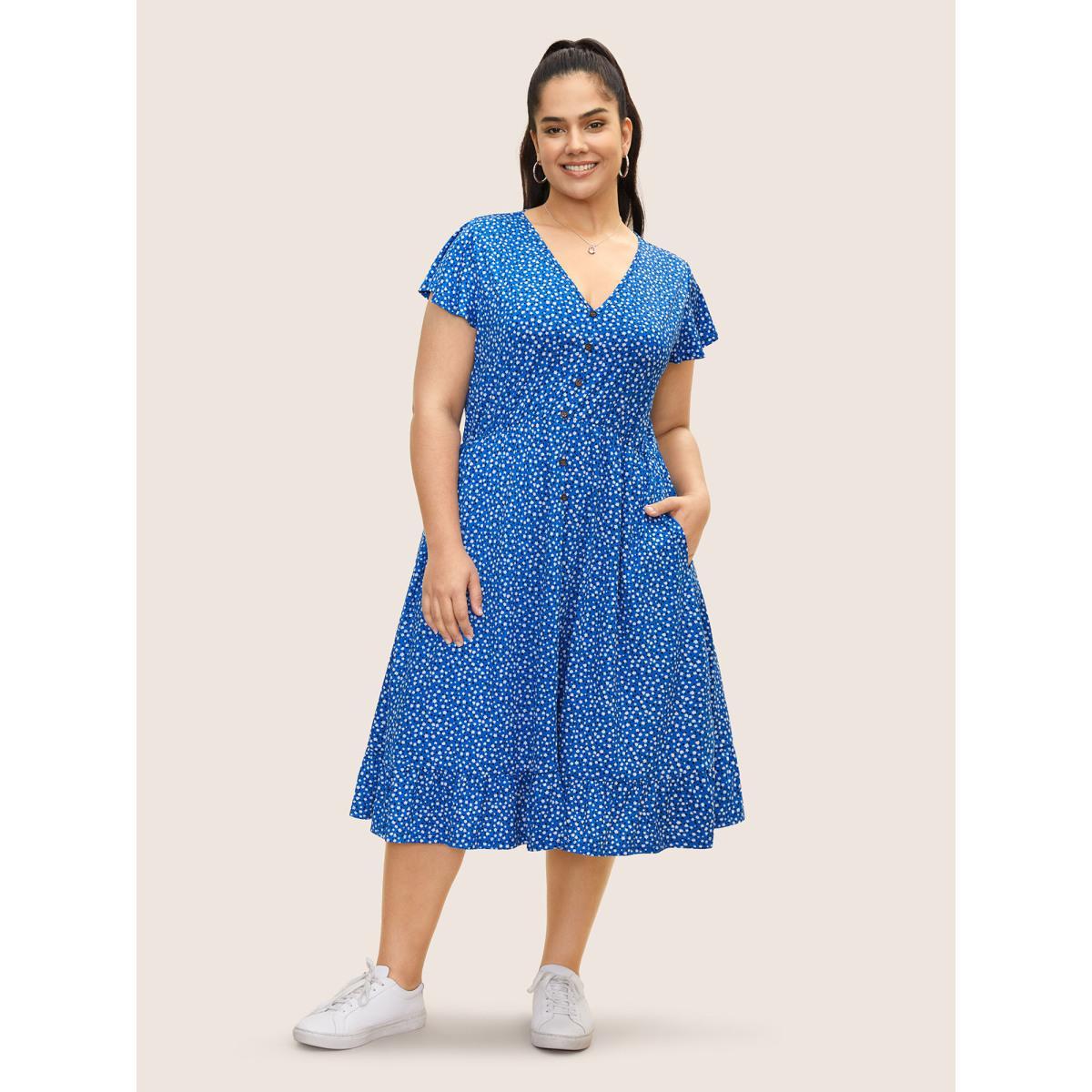 Plus Size Ditsy Floral Button Detail Flutter Sleeve Dress Brightblue Women Casual V-neck Short sleeve Curvy BloomChic 10/M Product Image