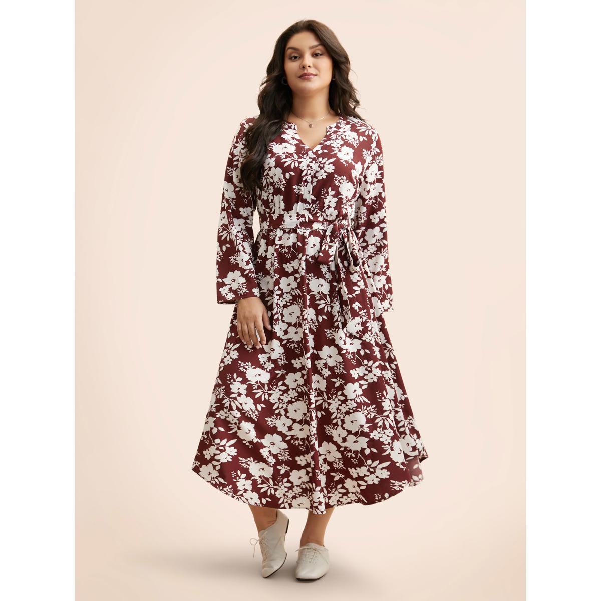Plus Size Silhouette Floral Print Tab Sleeve Dress Burgundy Women At the Office Belted Flat collar with V-notch Long Sleeve Curvy BloomChic 28/5X Product Image
