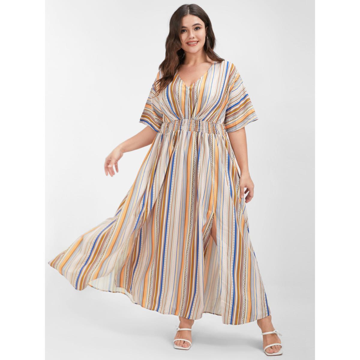 Multi Striped Bohemian Print Plus Size Women Maxi Dress Dailywear Elastic Waist Dolman Short Sleeve V Neck Pocket Vacation Dresses Product Image