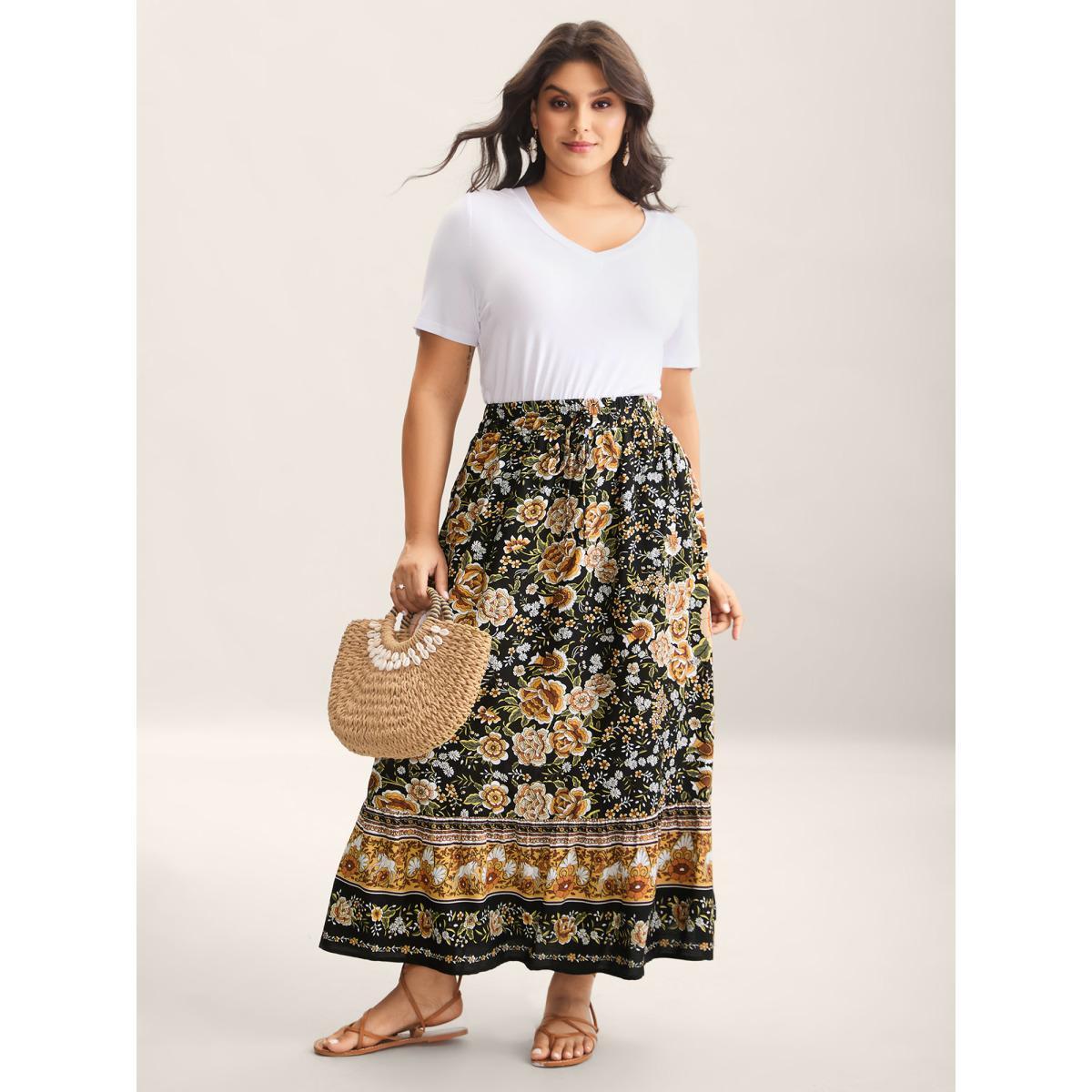 Plus Size Boho Floral Print Drawstring Maxi Dress Women BlackFlower Resort Drawstring Bodycon Low stretch Slanted pocket Vacation Skirts BloomChic 14-16/1X Product Image