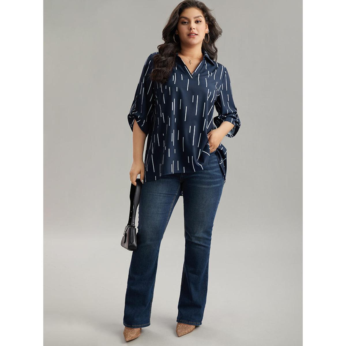 Plus Size Indigo Geometric Shirt Collar Roll Tab Sleeve Blouse Women Office Elbow-length sleeve Shirt collar Work Blouses BloomChic 26/4X Product Image