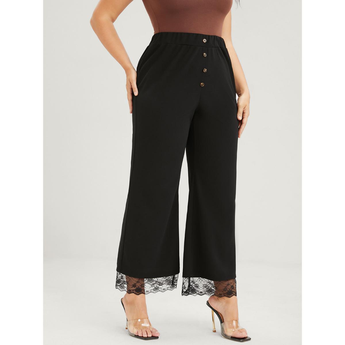 Plus Size Solid Fake Button Scalloped Lace Trim Elastic Waist Pants Women Black Elegant Loose High Rise Dailywear Pants BloomChic 30/6X Product Image