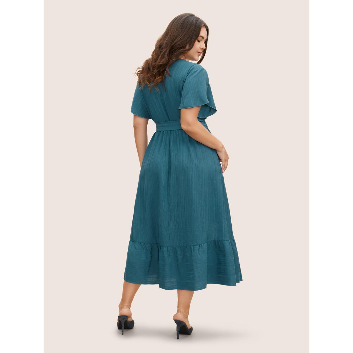 Plus Size Solid Crochet Lace Petal Sleeve Dress Aegean Women Elegant Woven ribbon&lace trim V-neck Short sleeve Curvy BloomChic 10/M Product Image