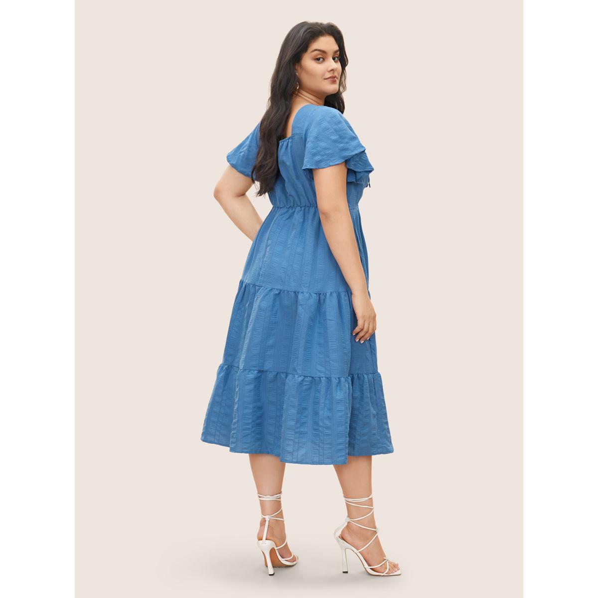 Plus Size Plain Ruched Drawstring Pocket Ruffle Tiered Dress Cerulean Women Elegant Non V-neck Short sleeve Curvy Midi Dress BloomChic 14-16/1X Product Image