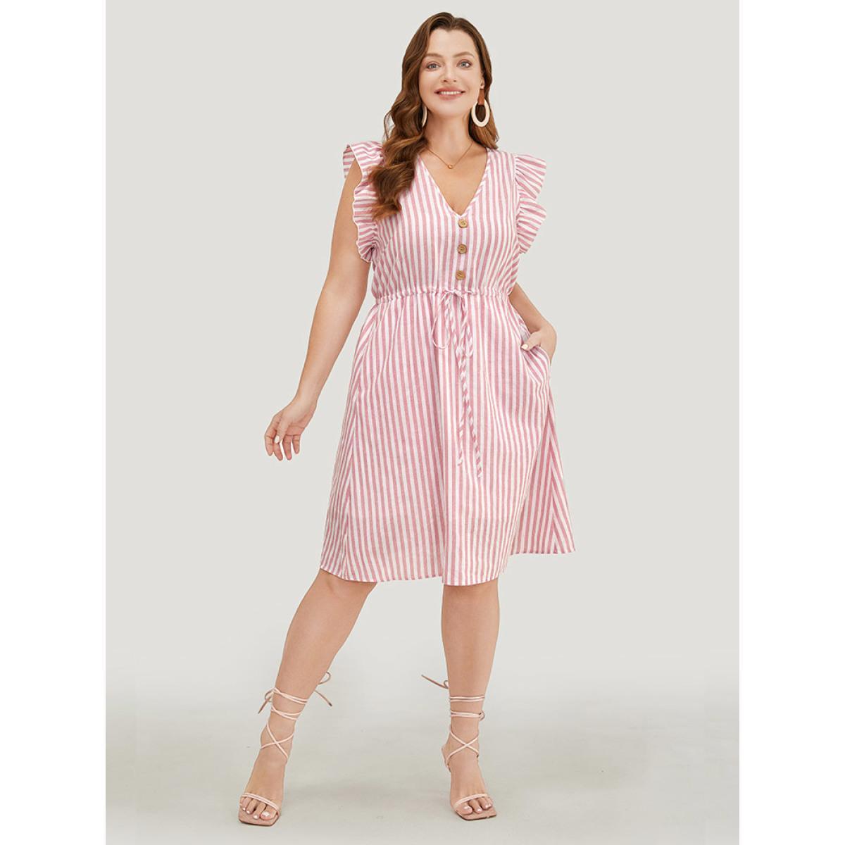 Plus Size Striped Print Button Detail Ruffle Trim Drawstring Dress Pink Women Vacation Drawstring V-neck Cap Sleeve Curvy Knee Dress BloomChic 26/4X Product Image