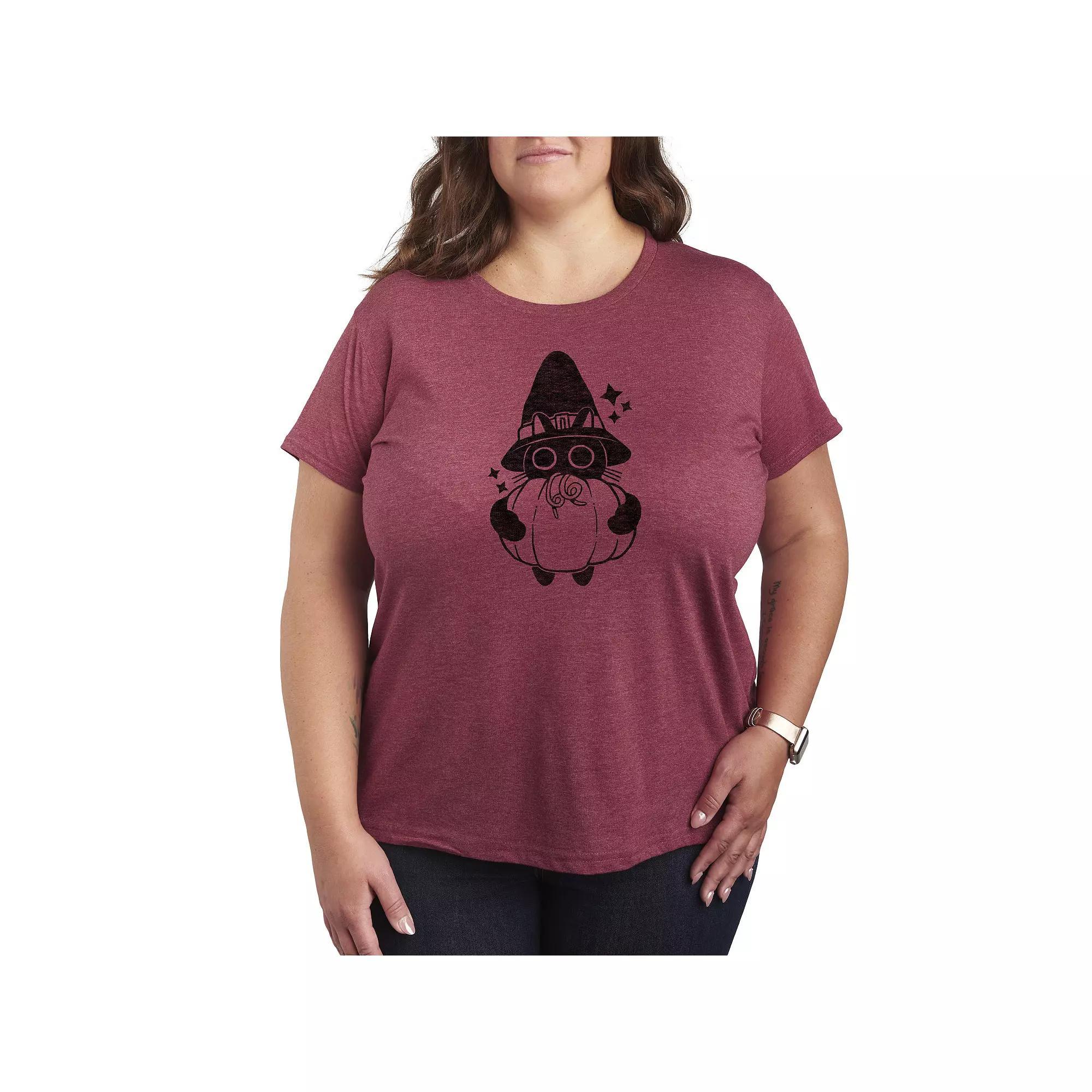 Plus Size Witch Cat With Pumpkin Graphic Tee, Womens Product Image