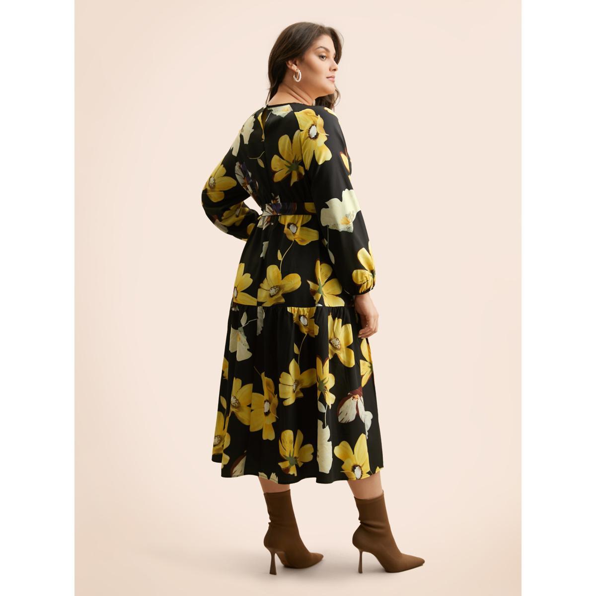 Plus Size Floral Round Neck Gathered Belted Dress Black Women Elegant Gathered Round Neck Long Sleeve Curvy BloomChic 22-24/3X Product Image