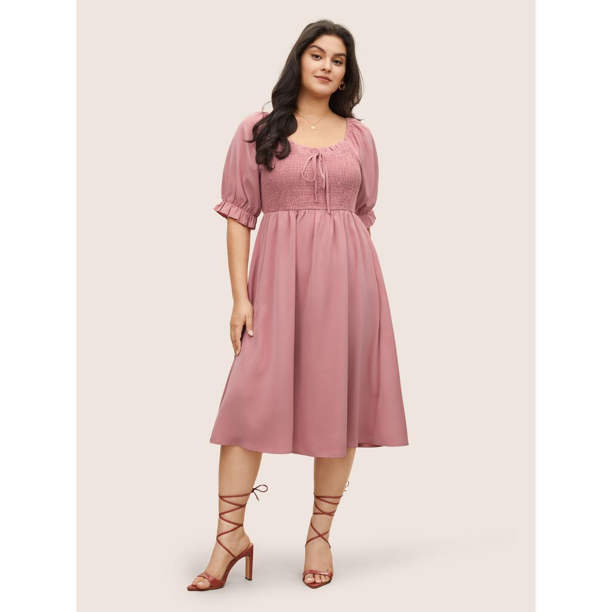 Plus Size Square Neck Shirred Elastic Waist Ties Dress Watermelon Women Elegant Non Square Neck Short sleeve Curvy Midi Dress BloomChic 10/M Product Image