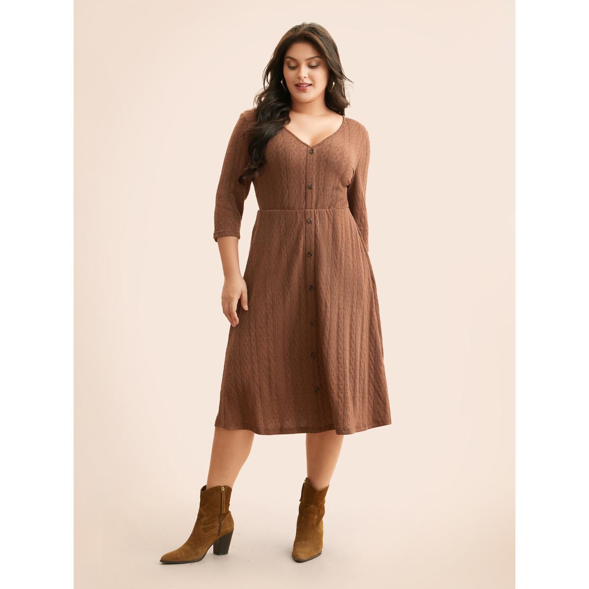 Plus Size Plain Textured Button Detail Midi Dress Yellowishbrown Women Casual Texture V-neck Elbow-length sleeve Curvy BloomChic 28/5X Product Image
