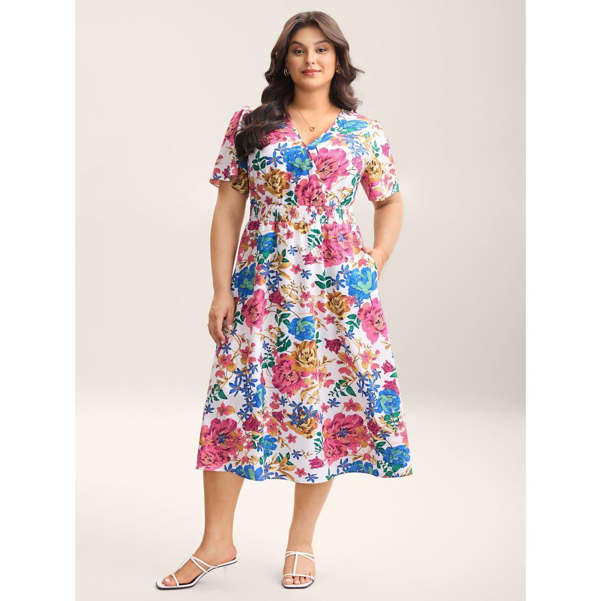 Plus Size Blooming Flowers Surplice Neck Pockets Dress Ivory Women Elegant Shirred Overlap Collar Short sleeve Curvy BloomChic 18-20/2X Product Image