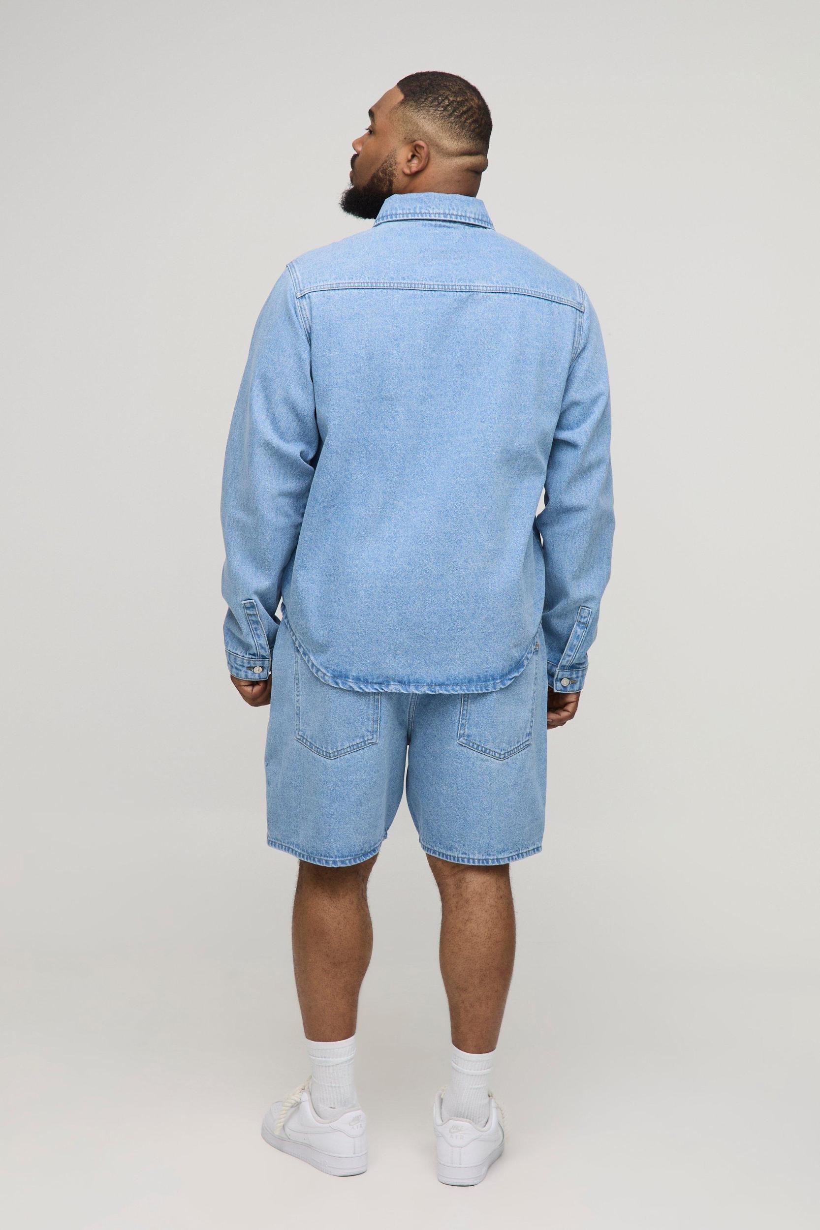 Plus Denim Shirt & Jort Set | boohooMAN USA Product Image