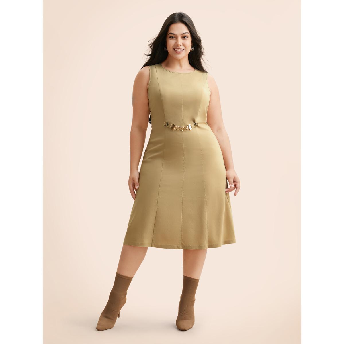 Plus Size Round Neck Metal Chain Detail Tank Dress Champagne Women Elegant Non Round Neck Sleeveless Curvy BloomChic 22-24/3X Product Image