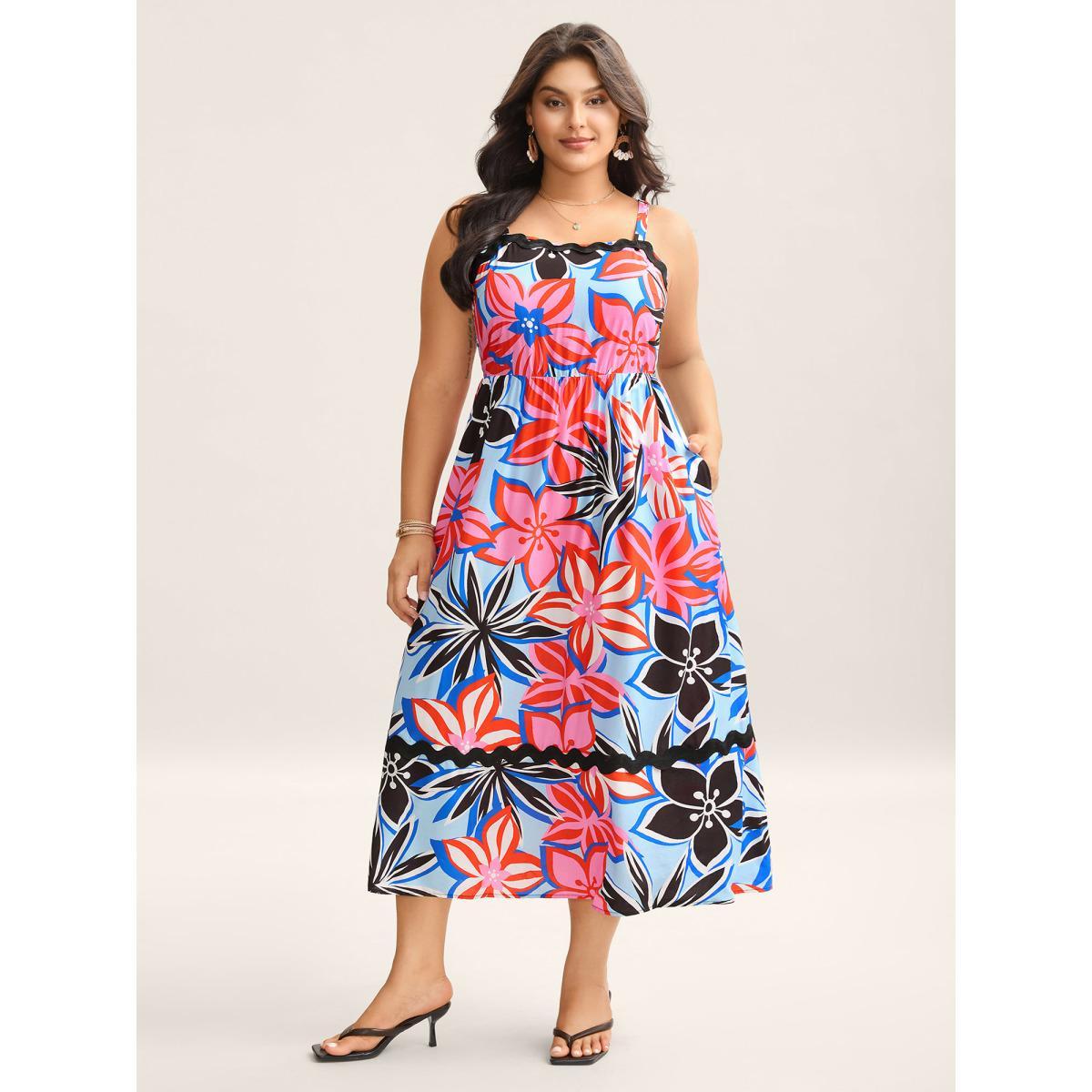 Plus Size Rayon Tropical Print Spliced Webbed Midi Dress Multicolor Women Square Neck Sleeveless Curvy BloomChic 10/M Product Image