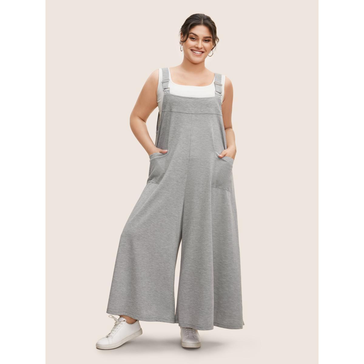 Plus Size Silver Solid Heather Patched Pocket Wide Leg Jumpsuit Women Casual Sleeveless Square Neck Everyday Loose Jumpsuits BloomChic 30/6X Product Image