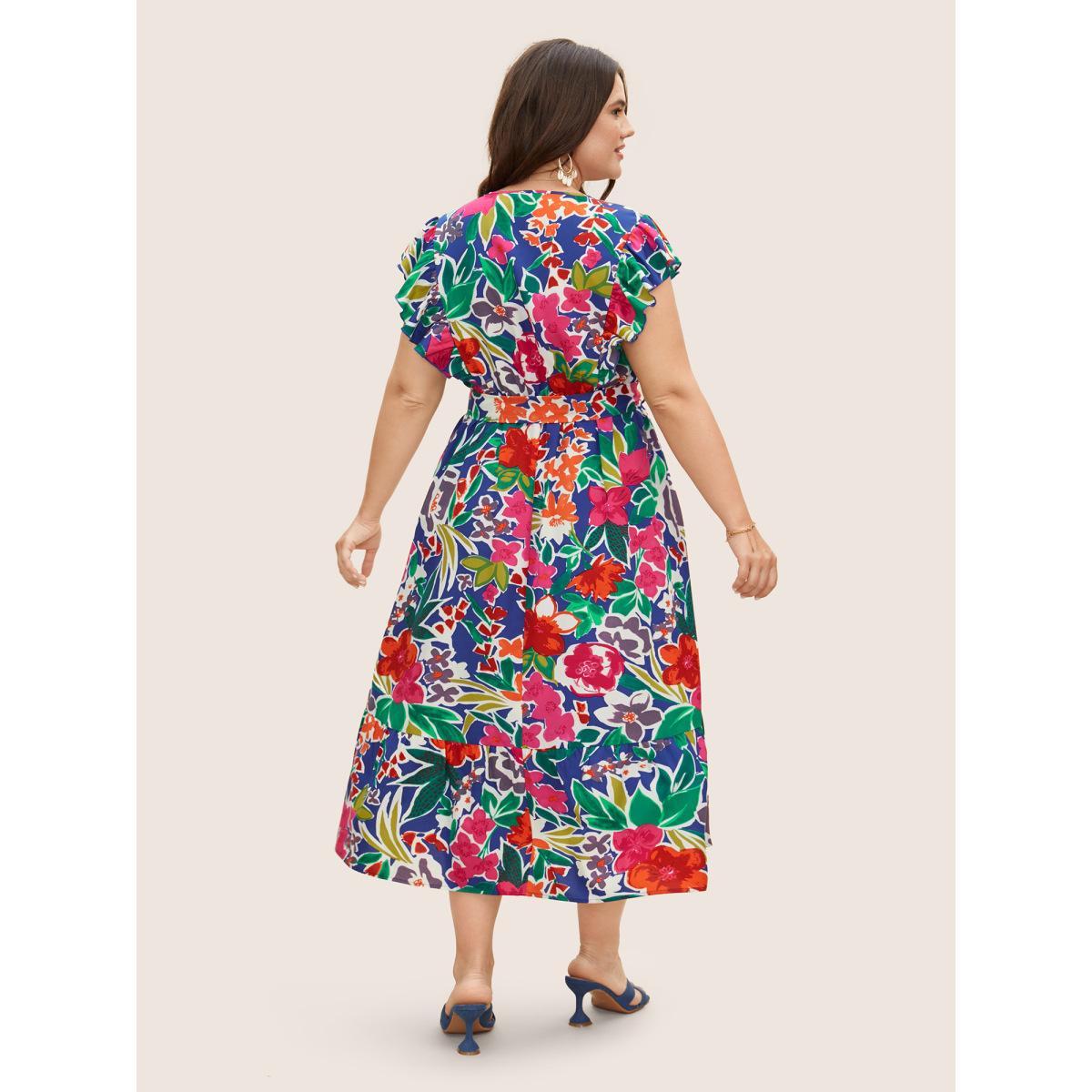 Plus Size Floral Wrap Patchwork Ruffle Cap Sleeve Dress DarkBlue Women Resort Belted V-neck Cap Sleeve Curvy BloomChic 10/M Product Image