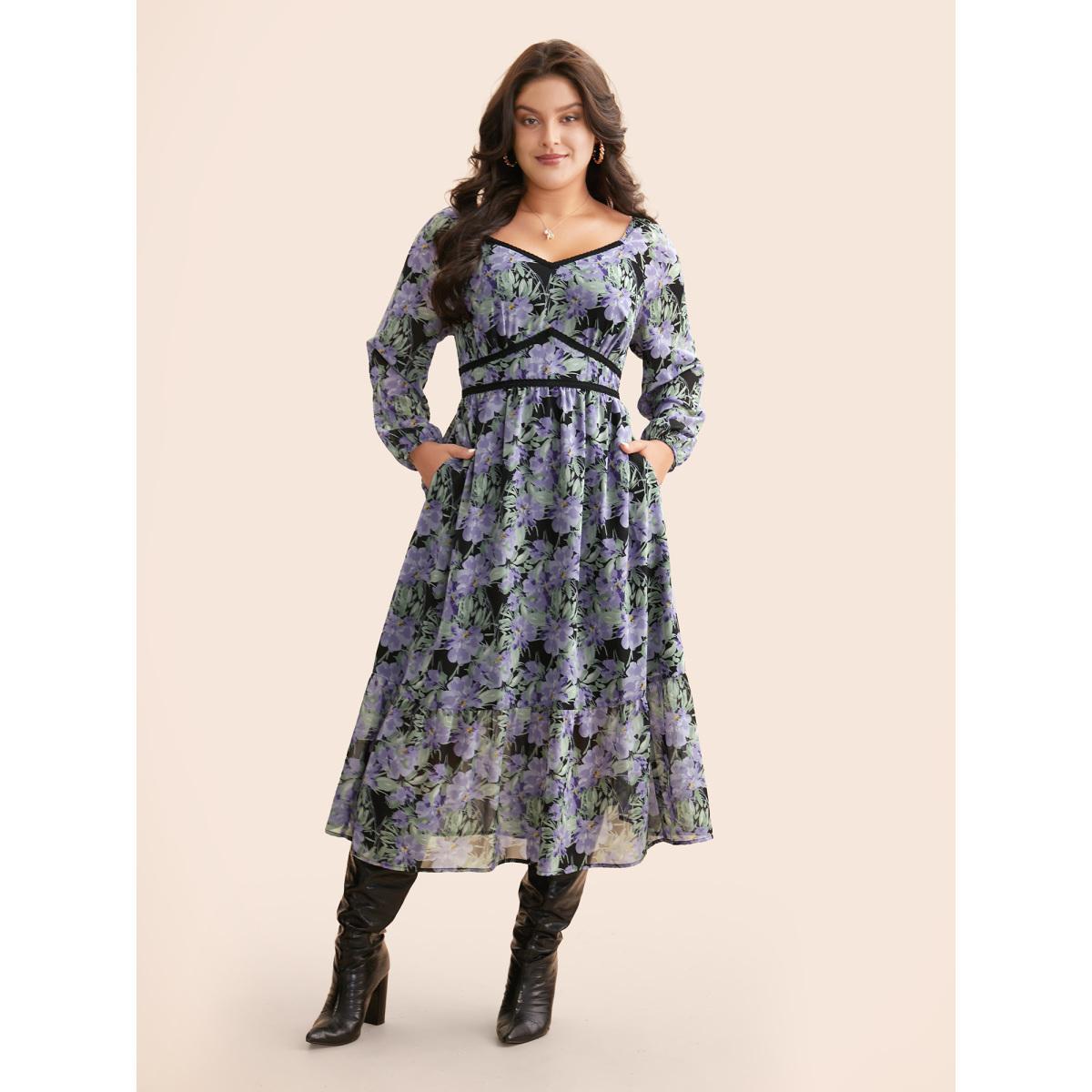 Plus Size Heart Neckline Floral Contrast Webbing Dress BlackFlower Women Elegant Woven ribbon&lace trim Heart neckline Long Sleeve Curvy BloomChic 22-24/3X Product Image