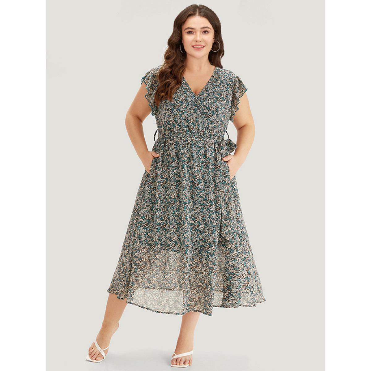 Plus Size Ditsy Floral Surplice Neck Belted Flutter Sleeve Dress Cyan Women Elegant Wrap V-neck Sleeveless Curvy Midi Dress BloomChic 14-16/1X Product Image