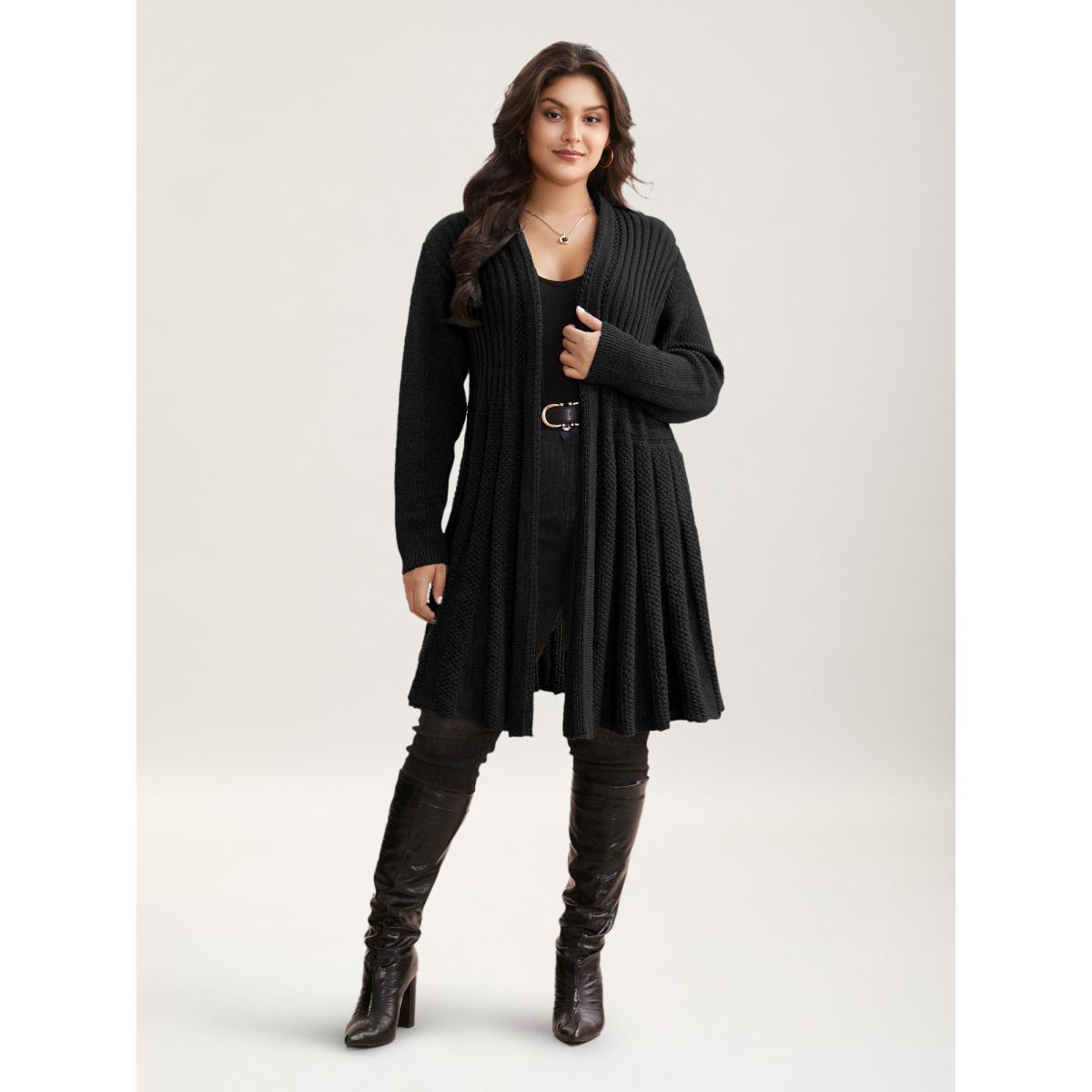 Plus Size Plain Textured Kimono Collar Cardigan Black Women Casual Loose Long Sleeve Everyday Cardigans BloomChic 18-20/2X Product Image